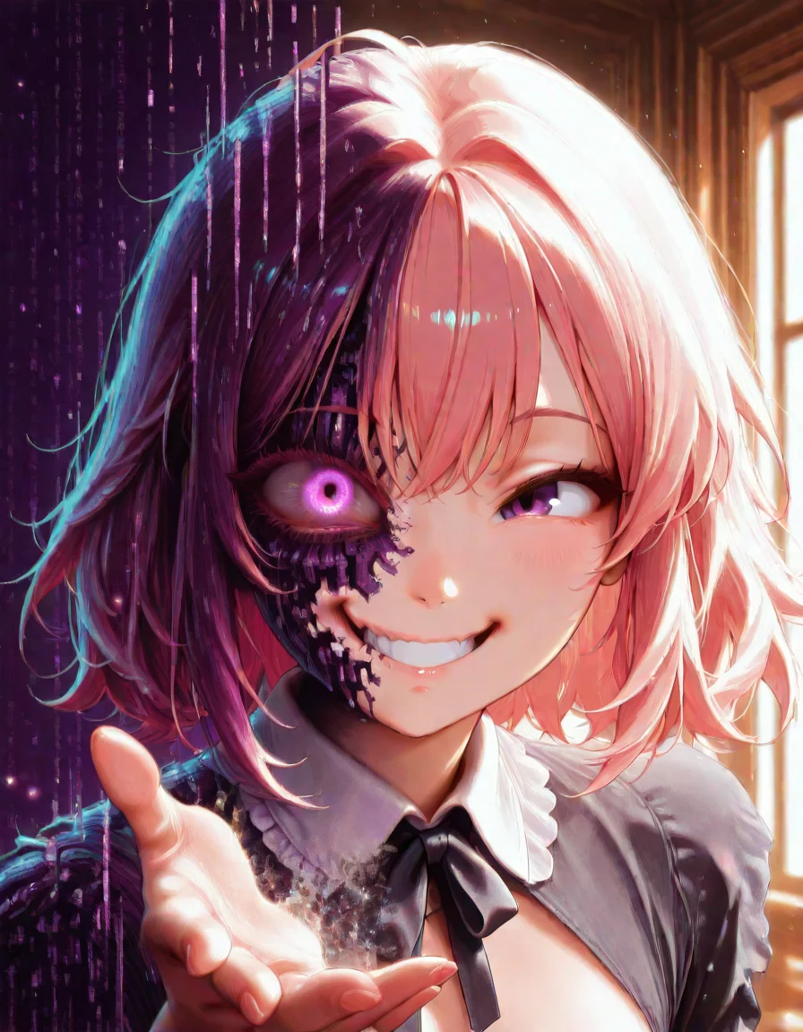 (masterwork, masterpiece, best quality, hyper-detailed, 8k uhd:1.4) , anime screencap,<lora:CivChan:1> civchan, 1girl, solo, grin, purple eyes, pink hair,
BREAK;
<lora:Matrix_Style:1.5> om0atrix0, (((glitch))), purple theme, wide eye, glowing eye, messy hair, twisted smile, teeth clenched, hand reaching viewer, teeth, digital, pixels, torn clothes, insane, code, dissolving, particles, <lora:PC-98_Style_Illustrious:1> pc98, || pixel art,
BREAK;
happy, sweet,