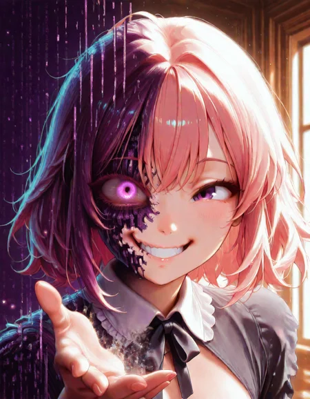 (masterwork, masterpiece, best quality, hyper-detailed, 8k uhd:1.4) , anime screencap,<lora:CivChan:1> civchan, 1girl, solo, grin, purple eyes, pink hair,
BREAK;
<lora:Matrix_Style:1.5> om0atrix0, (((glitch))), purple theme, wide eye, glowing eye, messy hair, twisted smile, teeth clenched, hand reaching viewer, teeth, digital, pixels, torn clothes, insane, code, dissolving, particles, <lora:PC-98_Style_Illustrious:1> pc98, || pixel art,
BREAK;
happy, sweet,