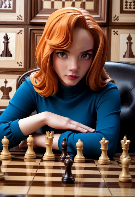 Hyper realistic detailed scene.
score 9, score 8, score 7, score 6,
xb0xc0ver, xbox360 video game cover of bethh, focused, orange hair, sparkling blue dress, on a giant chessboard, pieces, black and white chess pieces