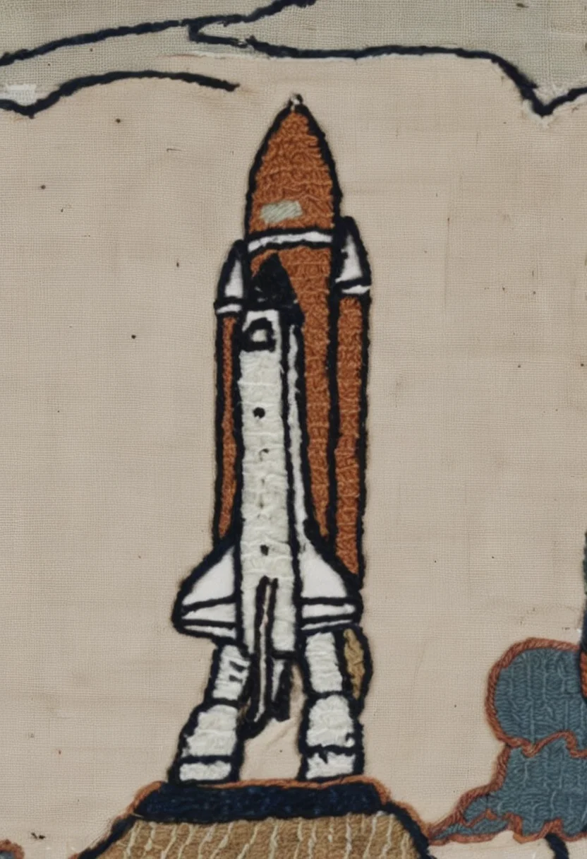 bayeux, space shuttle on launch pad, clouds, <lora:bayeux:1>