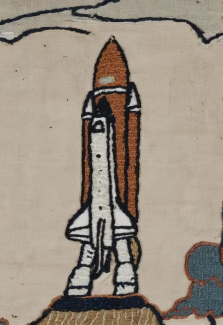 bayeux, space shuttle on launch pad, clouds, <lora:bayeux:1>