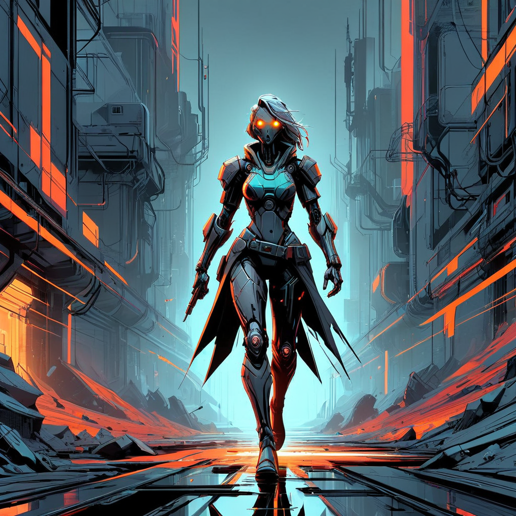 InkBlast, a cyborg woman, walking through dystopian outlands