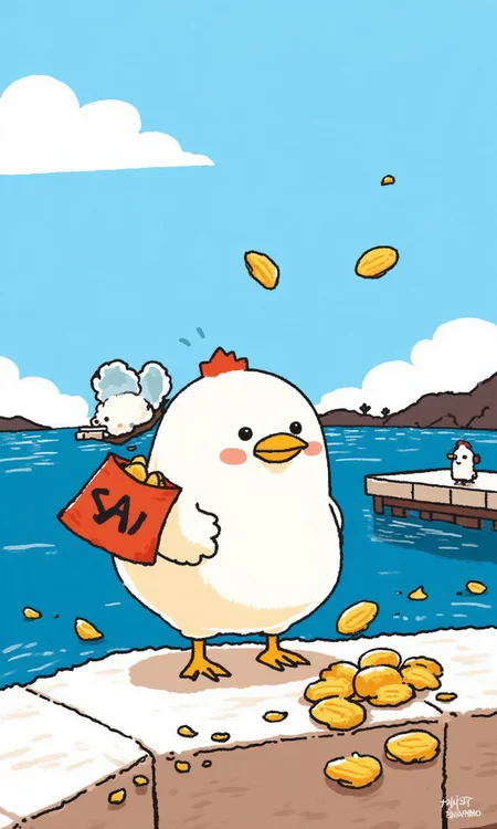 A bird with a bag of chips on the pier <lora:flux-test\flux.1_lora_flyway_simple-illustration.safetensors:1.1:1.1>