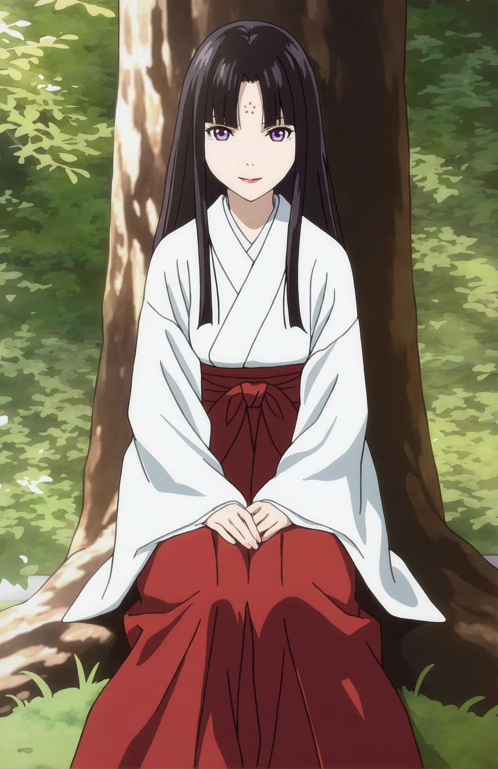 TsuyuMich. 1girl, black hair, long hair, parting bangs, purple eyes, looking at viewer, japanese clothes, white kimono, miko, hakama skirt, sitting, sitting under tree, smile
