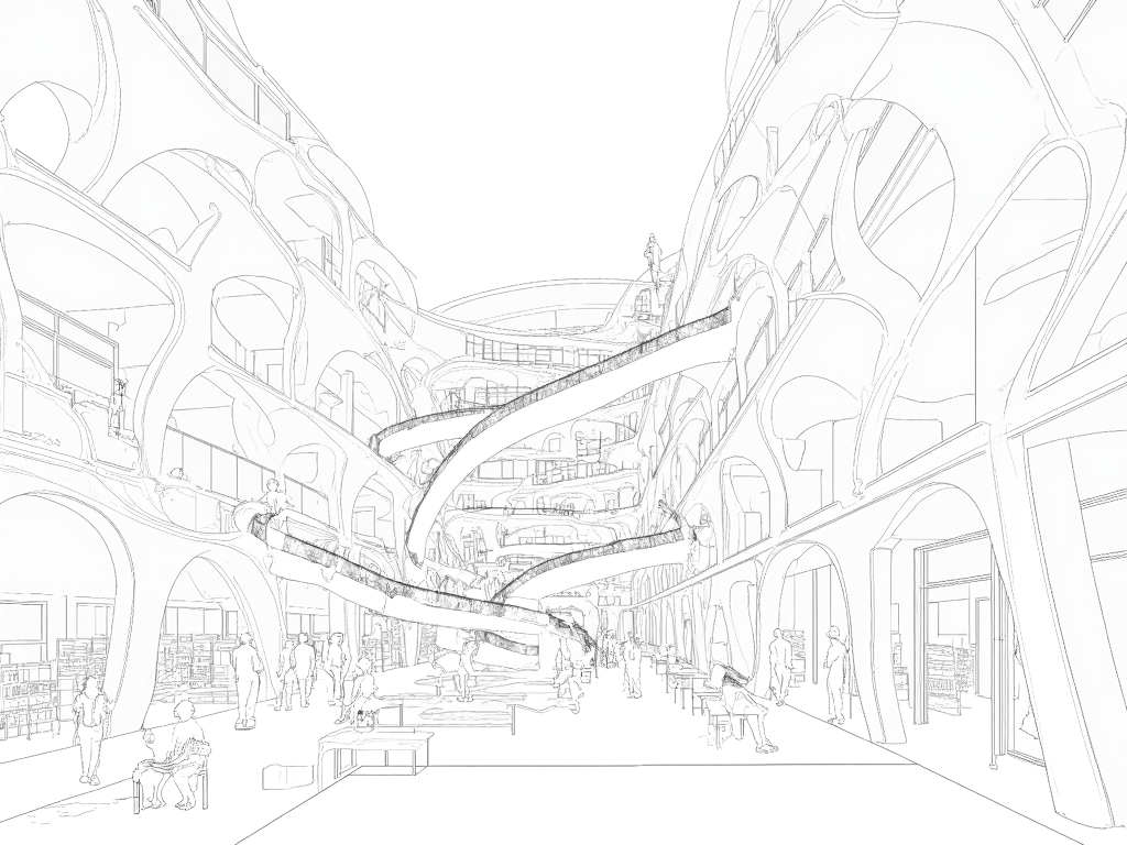 A sectional perspective drawing of a library with a dynamic, vivid interior scene. Several people are sitting and walking in the living area. The library features multiple levels, with interconnected spaces unified by curved structural elements. A large, open central atrium connects the floors visually and physically, with a sweeping ramp spiraling up to provide circulation. The architecture emphasizes fluid forms, with arches and vault-like elements supporting the floors and creating a sense of openness. The structural members appear light yet dynamic, contributing to an elegant aesthetic. The ground floor includes spaces with tables and chairs, suggesting areas for study or collaboration. The upper levels seem dedicated to reading areas and book storage, with shelves integrated into the walls. The perspective hints at a lively atmosphere, where people are reading, walking, or interacting within the space. The design prioritizes visibility and accessibility, encouraging community engagement and exploration. Large, open spaces suggest ample natural light, with potential for skylights or transparent facades. The interplay of light and shadow across the curved elements adds depth and dimension to the environment.,lineartSectionPerspectiveDrawing,lineartSectionPerspectiveDrawing