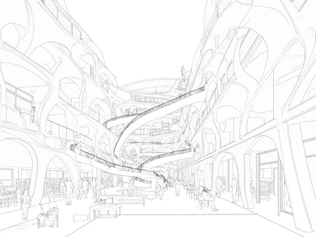 A sectional perspective drawing of a library with a dynamic, vivid interior scene. Several people are sitting and walking in the living area. The library features multiple levels, with interconnected spaces unified by curved structural elements. A large, open central atrium connects the floors visually and physically, with a sweeping ramp spiraling up to provide circulation. The architecture emphasizes fluid forms, with arches and vault-like elements supporting the floors and creating a sense of openness. The structural members appear light yet dynamic, contributing to an elegant aesthetic. The ground floor includes spaces with tables and chairs, suggesting areas for study or collaboration. The upper levels seem dedicated to reading areas and book storage, with shelves integrated into the walls. The perspective hints at a lively atmosphere, where people are reading, walking, or interacting within the space. The design prioritizes visibility and accessibility, encouraging community engagement and exploration. Large, open spaces suggest ample natural light, with potential for skylights or transparent facades. The interplay of light and shadow across the curved elements adds depth and dimension to the environment.,lineartSectionPerspectiveDrawing,lineartSectionPerspectiveDrawing