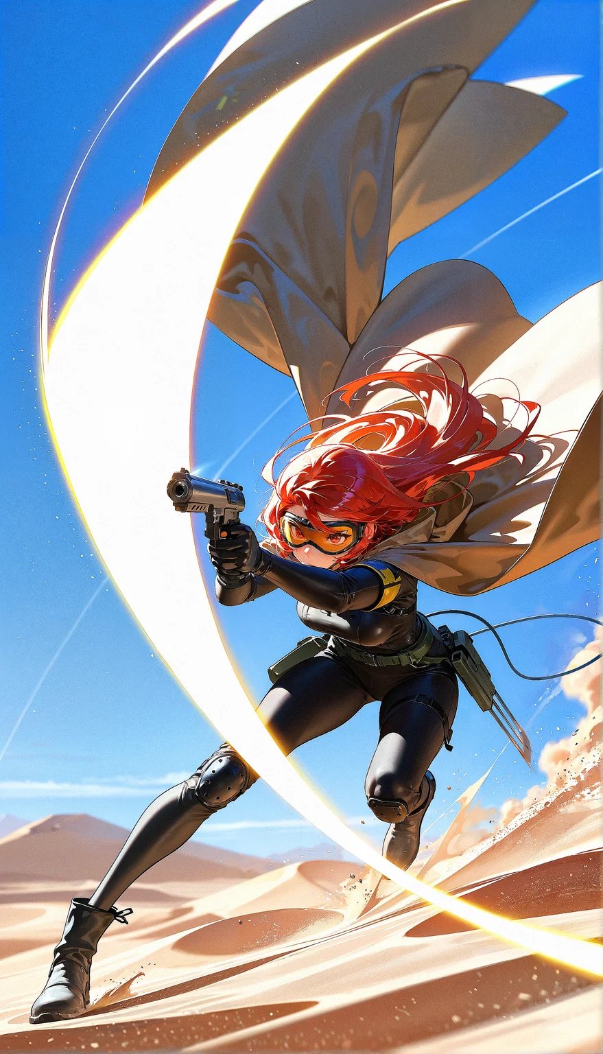 masterpiece, best quality, amazing quality, very aesthetic, absurdres, newest, scenery, 1girl, solo, action shot, aiming, holding gun, goggles, cloak, motion-blur, desert, sand dust, trajectory, maneuver, oil film, film grain, very aesthetic, ultra high res, absurdres, masterpiece, best quality, amazing quality, very aesthetic, absurdres, newest, scenery, volumetric lighting