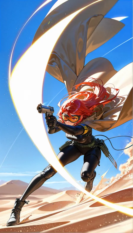 masterpiece, best quality, amazing quality, very aesthetic, absurdres, newest, scenery, 1girl, solo, action shot, aiming, holding gun, goggles, cloak, motion-blur, desert, sand dust, trajectory, maneuver, oil film, film grain, very aesthetic, ultra high res, absurdres, masterpiece, best quality, amazing quality, very aesthetic, absurdres, newest, scenery, volumetric lighting
