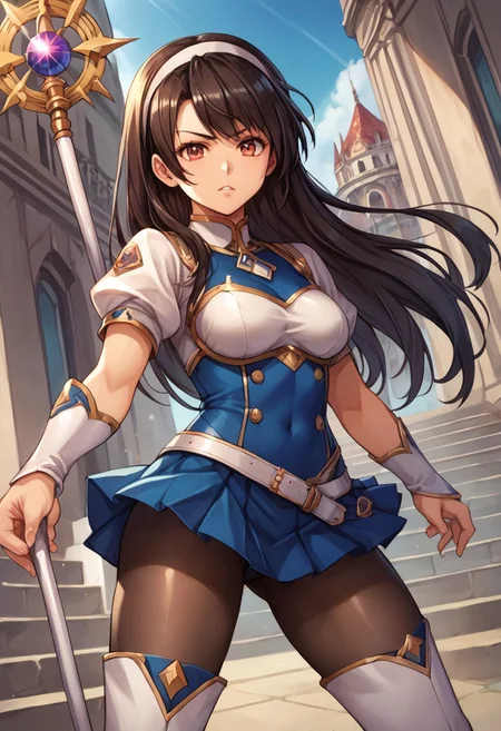 score_9, score_8_up, score_7_up, score_6_up, score_5_up, score_4_up, detailed, intricate details, source_anime, , (best quality) , (highly detailed) ,((masterpiece)), ((best quality)), (ultra-detailed), ((extremely detailed)), (high resolution), 4K, (8K), best quality, (beautiful), (dynamic lighting), (super detailed skin), sharp focus, (1_girl, solo focus), score_9,score_8_up,score_7_up,anime coloring BREAK source_anime,anime, <lora:Liffany_p_v1.5:1>,Liffany,headband,magic wand,blue skirt,black_pantyhose,white_thighhighs,white boots,<lora:Fixhands_anime_bdsqlsz_V1:1>,looking_at_viewer,castle,city,holding,holding_staff,fighting_stance,serious,dynamic_angle,posing,,
 upper body, detailed eyes、detailed face and detailed skin <lora:add-detail-xl:1.0>