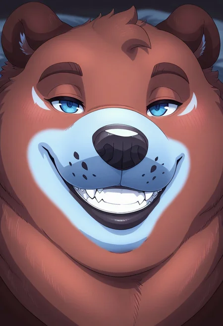 masterpiece, detailed background, best quality, absurd res, high detail, aesthetic, smooth drawing, Bjorn, bara anthro bear, blue eyes, blush, solo, 1boy, smile, face focus, close-up, toothy grin, seductive, bedroom eyes, looking at viewer,