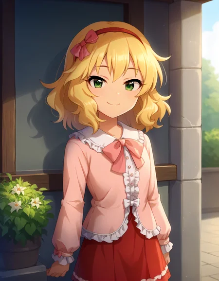 score_9,score_8_up,score_7_up,1girl,solo,cowboy shot,looking at viewer,smile,closed mouth,arms at sides,outdoors,
<lora:sakuraimomoka_ponyXLV6:0.8>,cgsmmk,
blonde hair,medium hair,green eyes,
hairband,pink frilled shirt,long sleeves,red skirt,bow
