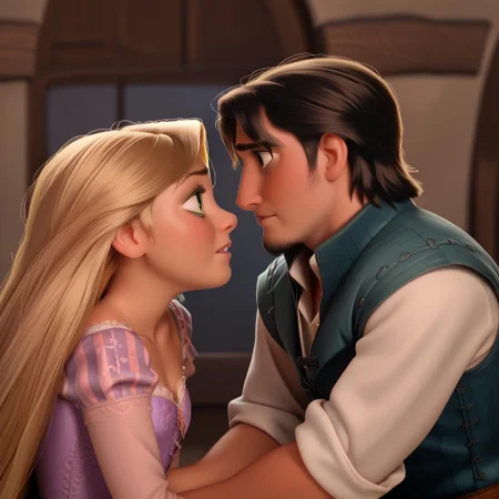 score_9, score_8_up, score_7_up, score_6_up, score_5_up, score_4_up, 1boy, 1girl, RapunzelFlynn, looking at each other