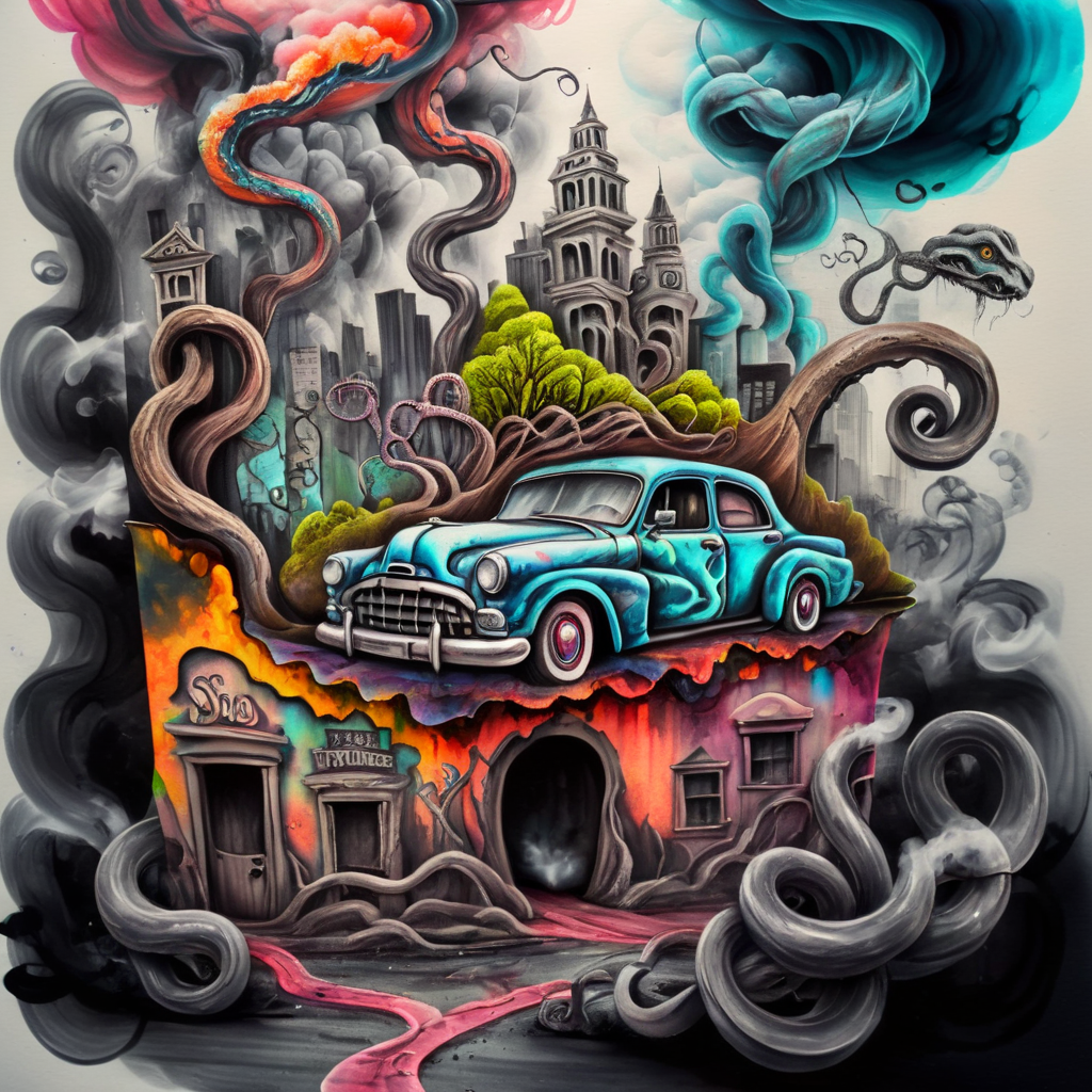corcoc5s very old car, snakes, old crooked trees, clouds of smoke, big city, very realistic, very detailed, colorful ink<lora:corcoc5s:1>