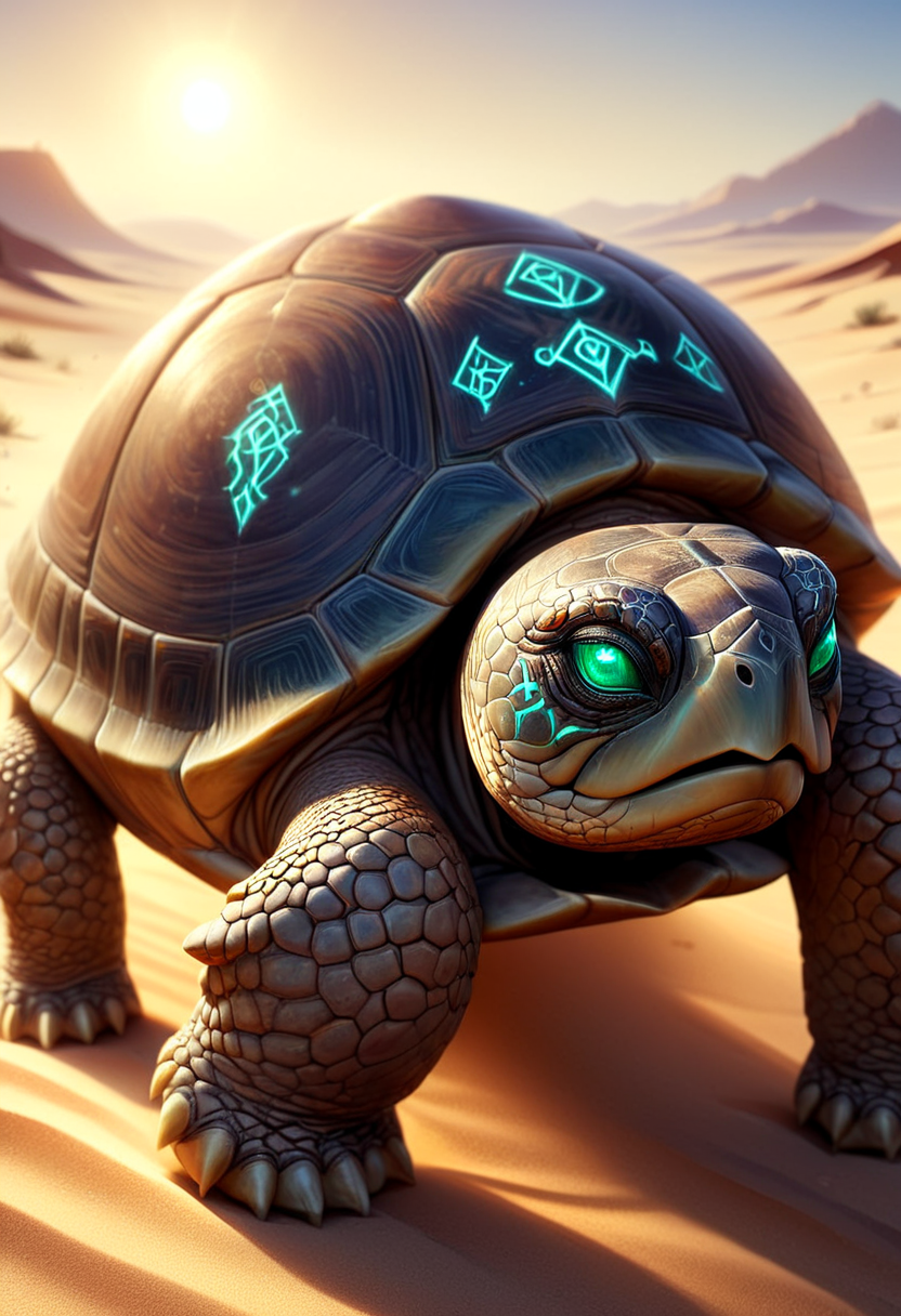 a turtle walking through the desert. body has glowing runes on the shell, magical effects, concept art