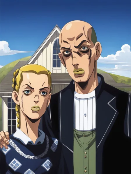 American gothic by Grant Wood JojosoStyle <lora:SDXL-JojosoStyle-Lora-v2-r16:1.0>