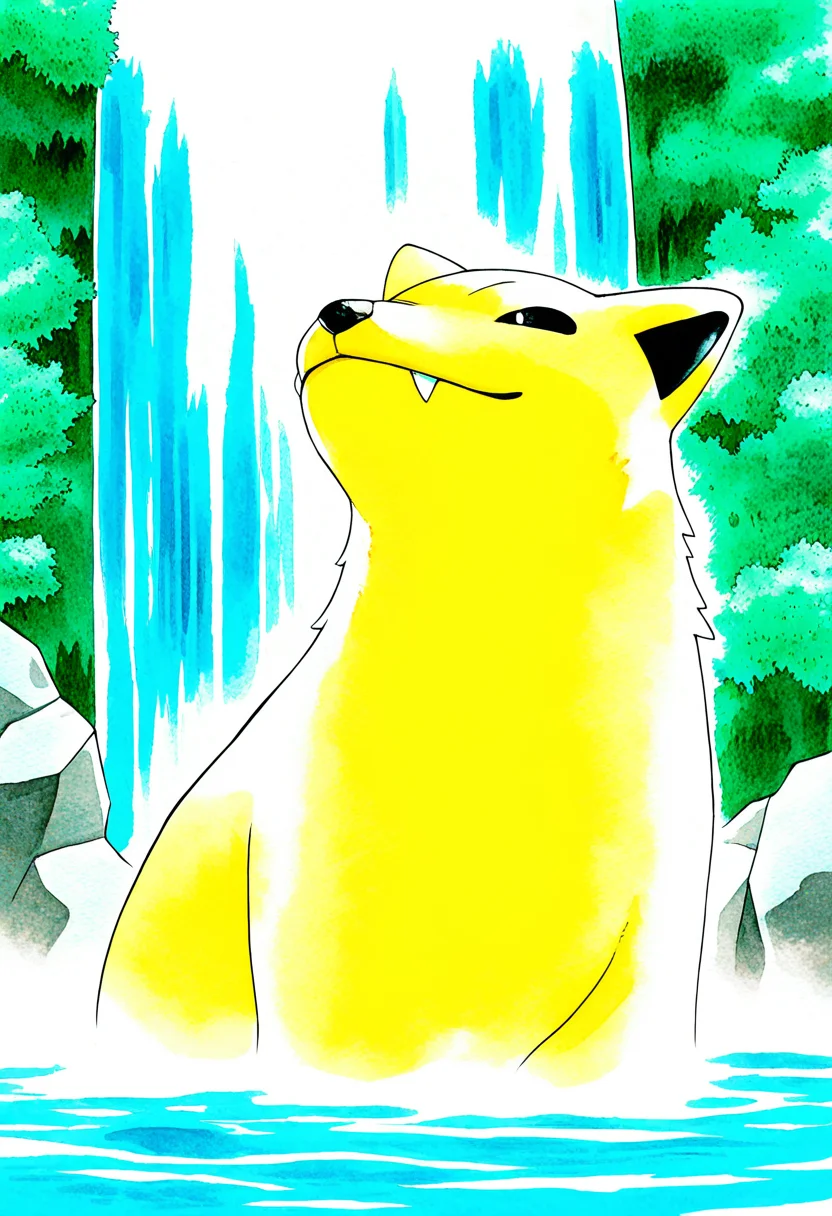 ict style,watercolor \(medium\), pokemon \(creature\),yellow-green fur, fangs, waterfall,masterpiece, best quality, amazing quality, very aesthetic, absurdres <lora:KenSugimoriIllus:1>