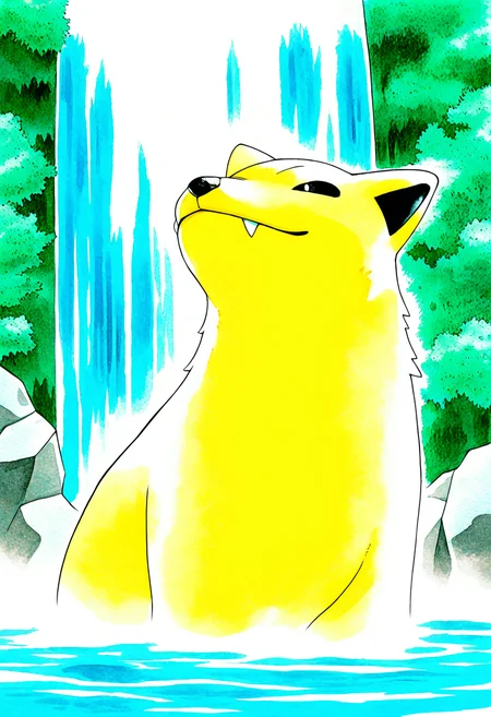 ict style,watercolor \(medium\), pokemon \(creature\),yellow-green fur, fangs, waterfall,masterpiece, best quality, amazing quality, very aesthetic, absurdres <lora:KenSugimoriIllus:1>