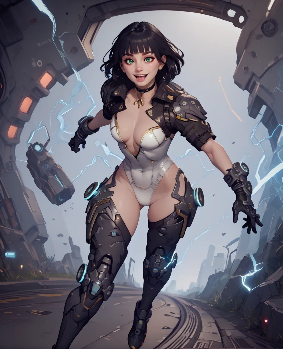 score_9,score_8_up,score_7_up,score_6_up,
bnnyxl,green eyes,black hair,medium hair,bangs,
white leotard,black cropped jacket,choker,armor,gloves,running,open mouth,smile,
science fiction,base, electricity,   
<lora:BunnyUltimateXL:0.8>,