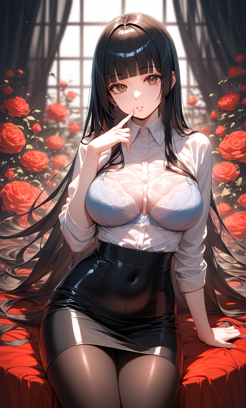 score_9, score_8_up, score_7_up, ASCII score_9, source_anime, 8K, UHD, high detail RAW color art, intricate details, beautiful atmosphere, sharp eyelid, sharp eyelashes, thick eyelashes, long eyelashes, beautiful skin, beautiful face, curvaceous figure, perfect anatomy, perfect hands, detailed embroidery, detailed backgrounds, Visual Representation, dramatic lighting, a beautiful memorable moment, finger to mouth, parted lips, 
1girl, solo, long hair, black hair, brown eyes, mole under eyes, blunt bangs, hime cut, sidelocks, hair to the waist, BREAK, large breasts, see-through breasts silhouette, blurry body silhouette, Women's business suits, White shirt, bra, see-through pantie, skirt, black pantyhose, leaning back with legs stretched out, Colorful Room, Luxurious, gorgeous, gold, Art, Flowers, We Beauty,