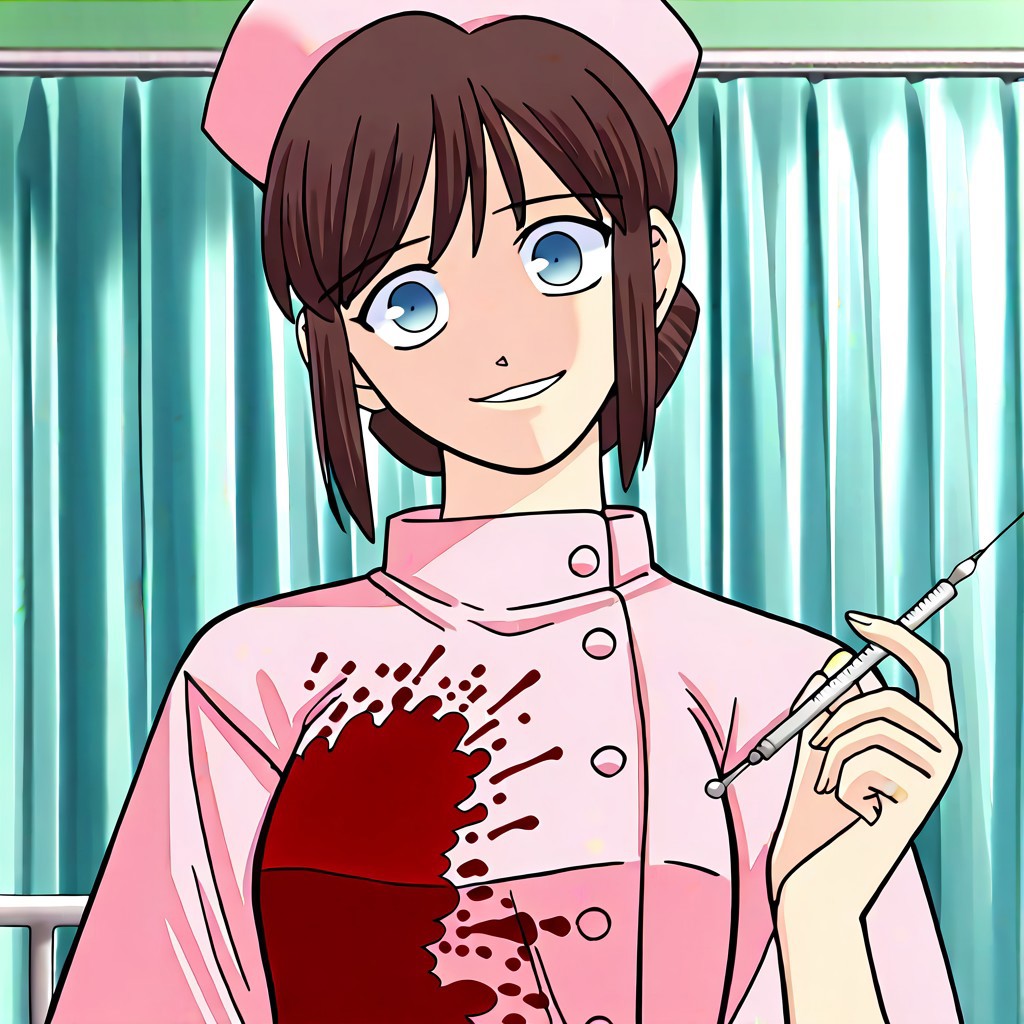 masterpiece, best quality, hospital room, blood splatters, blood smears, holding, holding needle, injection needle, looking at viewer,  head tilt, <lora:Tsukihime NXL:1>1girl,shirakawa_miho,blue eyes,brown hair,single hair bun,medium breasts,nurse,holding clipboard, nurse_cap ,scary smile, glassy eyed smile, cheerful smile, bubbly pose, <lora:shirakawa_miho-illus:0.9>,solo