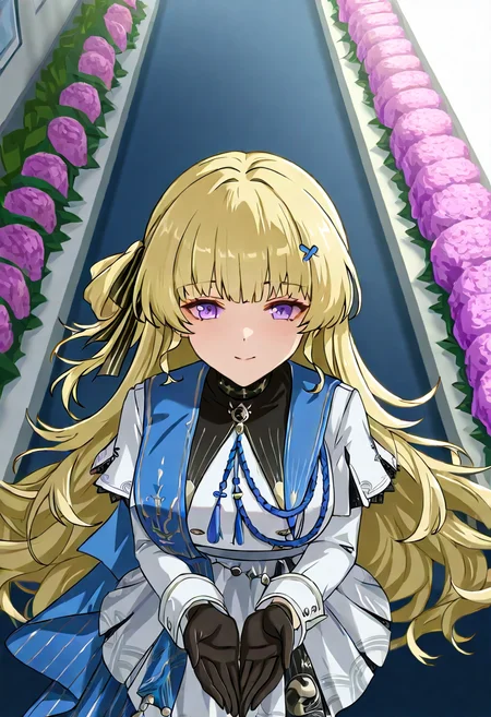 1girl, solo, phoebe wuthering waves, blonde hair, purple eyes, black gloves, blue sash, side cape, blue cape, long sleeves, white dress, white pantyhose, looking at viewer,
offering bouquet to viewer, both arms extended, happy expression, pov receiving flowers, flower shop, soft lighting, romantic gesture, close-up, from above,
, <lora:Character_Phoebe-000015:0.8>