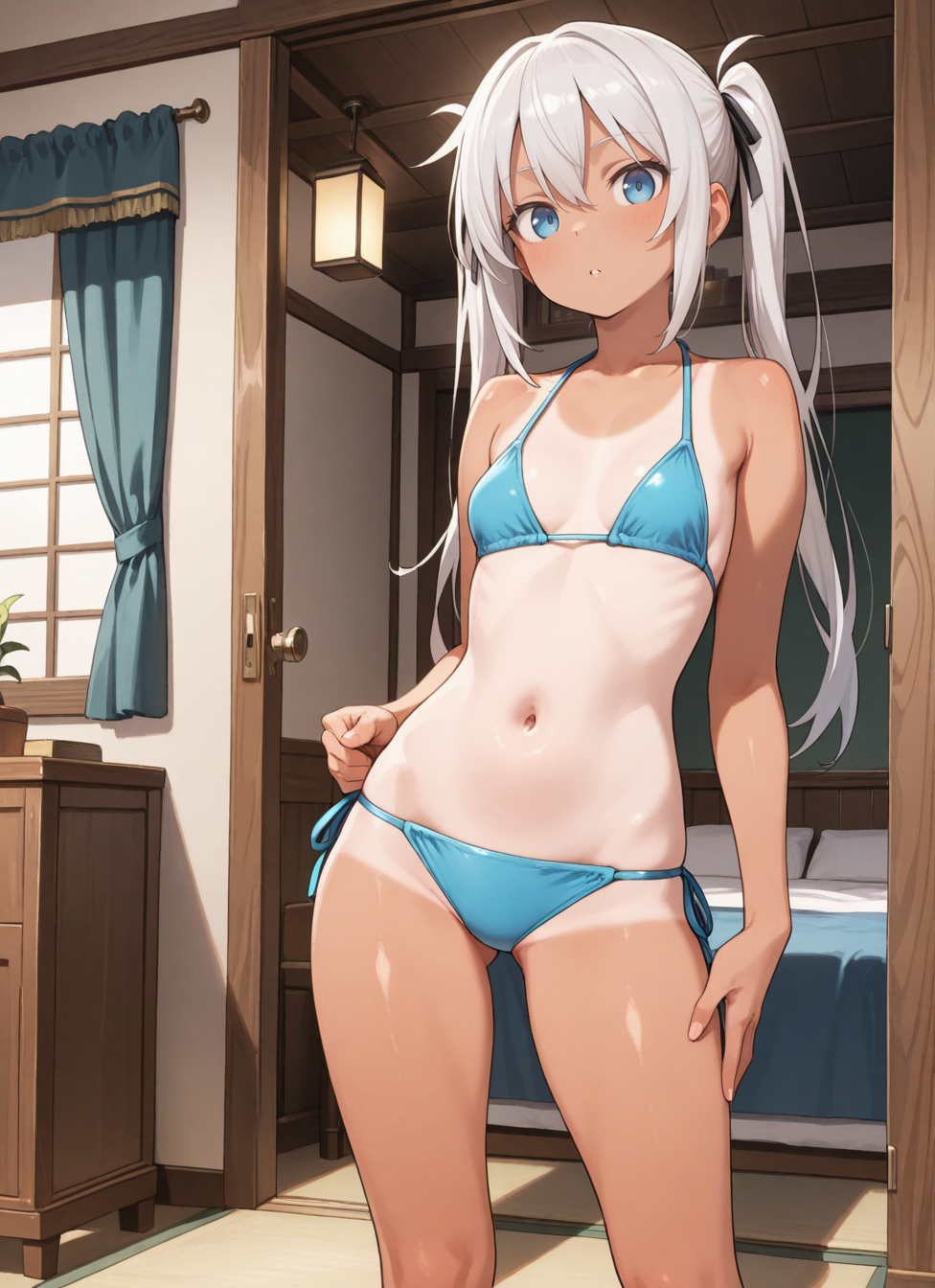 1girl, solo,indoors, pose, small breasts, tan skin, bikini,, <BREAK> , masterpiece, amazing quality, best quality, ultra-detailed, 8K, illustration, CG, clear skin, ultra-detailed-eyes, soft skin,, , (5 finger:0.8),