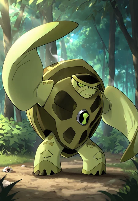masterpiece, best quality, amazing quality, very aesthetic, absurdres, newest,, detailed background, 
terraspin, pokemon (creature), solo, no humans, closed mouth, green eyes, green skin, shell, turtle, 
, airbending, air powers, wind powers, strong winds, forest, blowing strong winds,