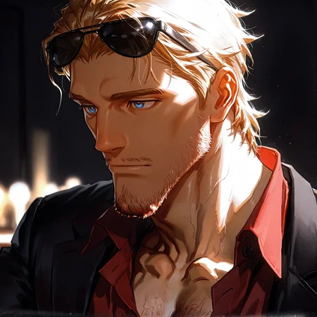 <lora:Aiber__DEATH_NOTE-000009:.75> Aiber, Blonde hair, blue eyes, stubble, Red Shirt, open clothing, Sunglasses on head,
short hair, male focus, muscular male, muscular male, bara, mature, (hairy body, hairy, body hair, glossy skin, bara, mature, facial hair, beard, full beard, sideburn, mustache, stubble), facial hair, bara, mature, body hair, aixiwuganda_(20222192), very awa, masterpiece, best quality, absurdres, newest, perfect quality, detailed background, intricate details,, <lora:slider_Body Type_alpha1.0_rank4_noxattn_last:3><lora:Anime Summer Days 2 Style SDXL_LoRA_Pony Diffusion V6 XL:.6><lora:merged:.7>, DARK, DARK BACKGROUND, LOW-KEY LIGHTING <lora:slider_cfg_scale_boost:.7><lora:Artist6p:.55>, Artist6p, Artist04p,<lora:slider_il_contrast_slider_d1:-.25>,<lora:slider_contract_controller_illus01_v1:.3>, <lora:addon_illustriousXLv01_stabilizer_v1.121:.5>,<lora:Heavenly_Beauty_r1:1>, (heavenlybeauty,)<lora:slider_style_strength_controller_illus01_v1:.25>