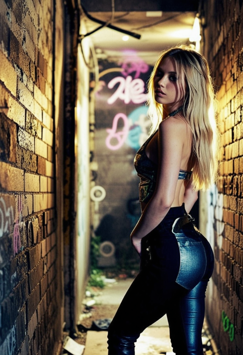 Flashlight, shadows,A breathtaking Korean woman with sleek, platinum blonde hair in a modern, dimly -lit back alley. She stands in profile, showcasing the curves of her breasts and ass. She wears a backless metallic halter neck top, and tight jeans, showcasing a confident sensual pose. her breasts on display.. The alley features c traditional brick walls and graffiti, a black door, The overall setting is clean and stylish, with a mix of neutral and cool tones.