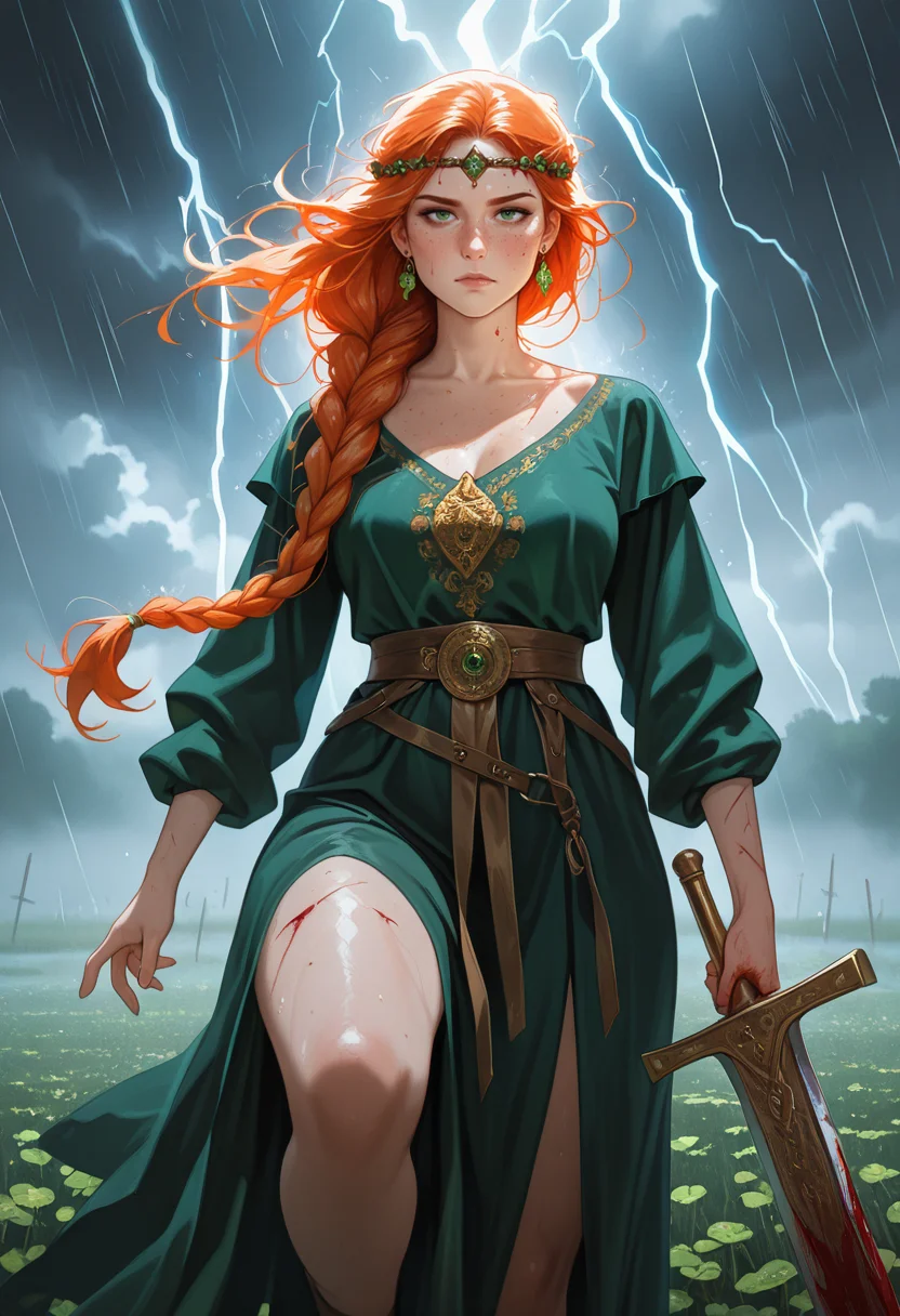 masterpiece, best quality, amazing quality, very aesthetic, absurdres, newest, realistic,
lush green field, cloudy, rainy, windy, coastline, jagged coast, 1girl, mature female, long hair, braid, orange hair, green eyes, (freckles, body freckles), earrings, circlet, curvy, white, orange, green, clover, gold chest, leg up, greatsword, traditional clothing, traditional clothes, Celtic, 1girl, blood, serious, bloody clothes, scars, lightning, heavy rain, looking at viewer, <lora:PulenKompot-NEQMA_Style-IL:1> neqma3