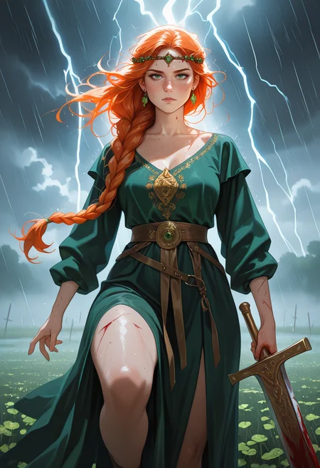 masterpiece, best quality, amazing quality, very aesthetic, absurdres, newest, realistic,
lush green field, cloudy, rainy, windy, coastline, jagged coast, 1girl, mature female, long hair, braid, orange hair, green eyes, (freckles, body freckles), earrings, circlet, curvy, white, orange, green, clover, gold chest, leg up, greatsword, traditional clothing, traditional clothes, Celtic, 1girl, blood, serious, bloody clothes, scars, lightning, heavy rain, looking at viewer, <lora:PulenKompot-NEQMA_Style-IL:1> neqma3