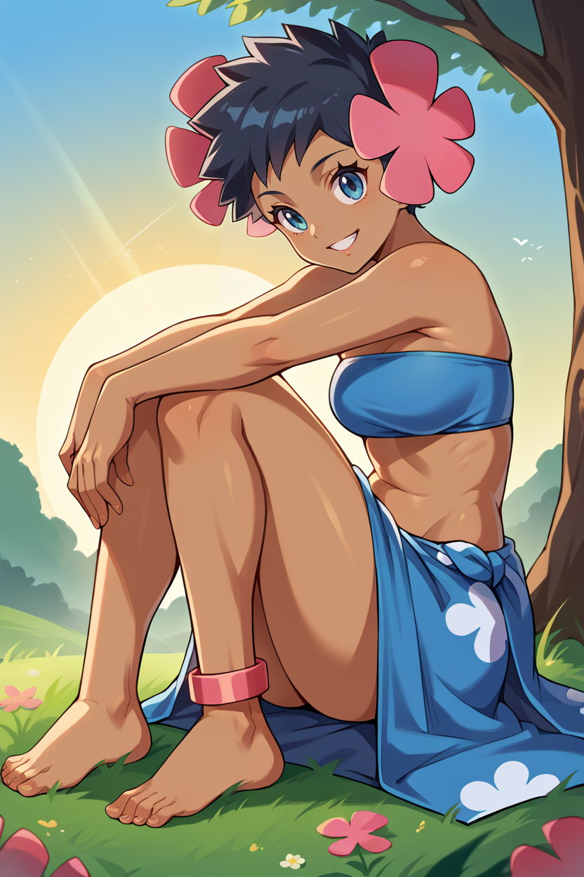 score_9, score_8_up, score_7_up, score_6_up, source_anime BREAK 1girl, solo   <lora:pkmnphoebe-pdxl-nvwls-v1-000004:1> defPhoebe, black hair, dark skin, hair flower, pink flower, blue tube top, strapless, midriff, blue sarong, blue skirt, anklet, sitting, tree, field, sunset, knees, holding own knees, smile, looking at you, from side