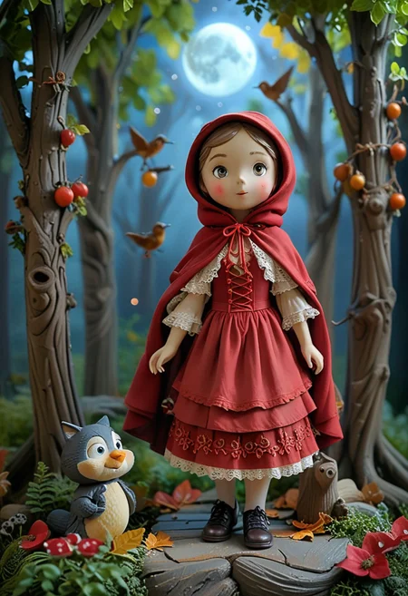 masterpiece, best quality, (curious red riding hood) young character, wearing a dark red hooded cape, lace-up bodice, long skirt with lace trim, leather shoes , bonnet, set in  a serene woods, with rustling leaves, dappled sunlight, a gentle breeze, birds singing, and a sense of peace, under the moonlight, at night, smiling