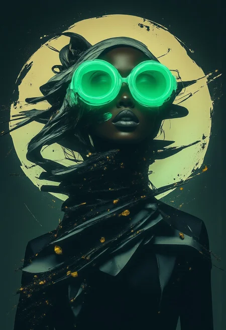 A highly detailed and artistic low-angle illustration of a smoky, black humanoid figure with a swirling, amorphous form, standing in the midst of a starry, cosmic void. Its head is crowned with a melting, bloody-red halo that drips ethereal liquid, dissipating into the surrounding stardust. Neon green glasses hover on its indistinct face, glowing vibrantly and refracting streaks of neon light into the dark atmosphere. Surrounding it are shimmering particles of stardust, streaks of distant galaxies, and soft nebulous clouds that enhance the surreal quality. The interplay of the stark halo, neon green glasses, and the cosmic environment creates an otherworldly, cinematic visual with a hauntingly ethereal allure. (epic surreal fantasy style