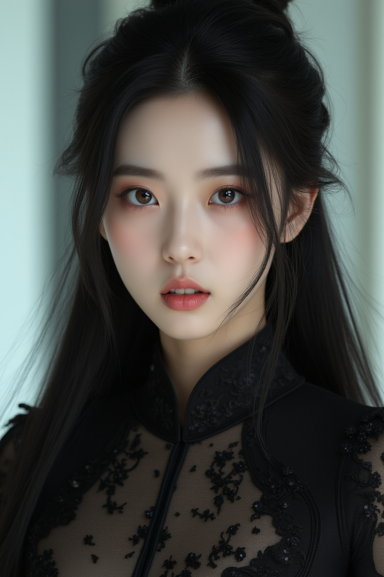 [1]Realistic photograph, close-up, upper body, face focus, long hair, dynamic angle, dynamic pose, A stunning real large breasts Chinese woman with long, flowing dark hair, her piercing gaze directly addressing the viewer. High Fashion, A highly detailed, realistic digital photo of a 28 years old woman with a pale complexion, emphasizing her enigmatic and mystical aura, high resolution, rich textures, and contemplative mood. Her eyes are a deep piercing, dynamic, dramatic, haute couture, elegant, ornate clothing, dark straight hair in an elegant updo with a few loose strands framing her face, wearing a high-collared garment with floral patterns in a dark, against a light gradient background, 