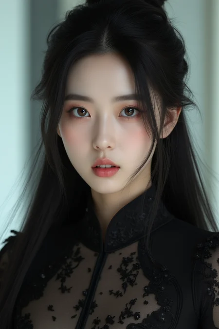 [1]Realistic photograph, close-up, upper body, face focus, long hair, dynamic angle, dynamic pose, A stunning real large breasts Chinese woman with long, flowing dark hair, her piercing gaze directly addressing the viewer. High Fashion, A highly detailed, realistic digital photo of a 28 years old woman with a pale complexion, emphasizing her enigmatic and mystical aura, high resolution, rich textures, and contemplative mood. Her eyes are a deep piercing, dynamic, dramatic, haute couture, elegant, ornate clothing, dark straight hair in an elegant updo with a few loose strands framing her face, wearing a high-collared garment with floral patterns in a dark, against a light gradient background, 