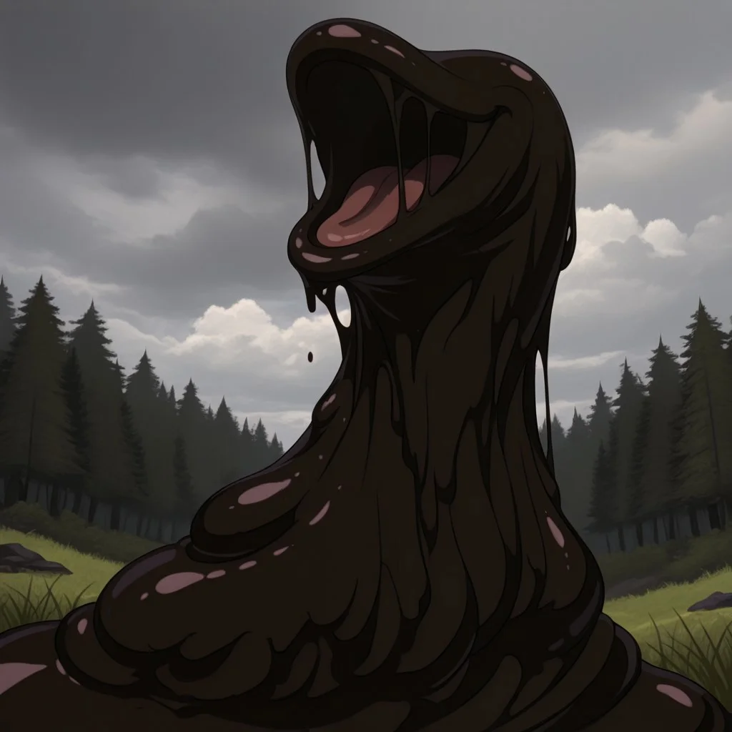 masterpiece, best quality, highly detailed, realistic, SlimeHexxus, 1boy, solo, monster, sludge, goo creature, slime, brown body, eyeless, noseless, forest, grass, trees, cloudy, sky, detailed background, smile, open mouth, tongue, black smoke
