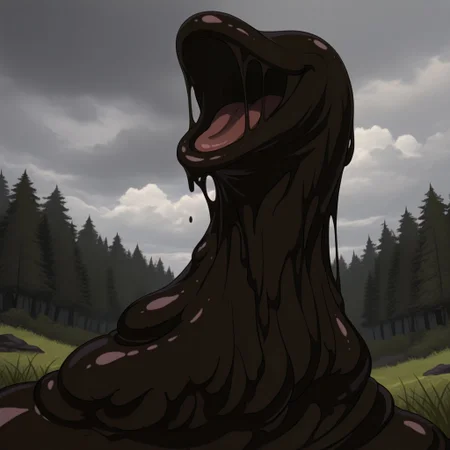 masterpiece, best quality, highly detailed, realistic, SlimeHexxus, 1boy, solo, monster, sludge, goo creature, slime, brown body, eyeless, noseless, forest, grass, trees, cloudy, sky, detailed background, smile, open mouth, tongue, black smoke