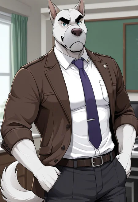 score_9, score_8_up, score_7_up, score_6_up, score_5_up, score_4_up, solo, 1boys, detailed background, detailed face, dog tail, dog, gray nose, Emery Walden, 2d, jackaloo style, serious expression, thick, white body, muscular, white shirt, tie, jacket, trousers