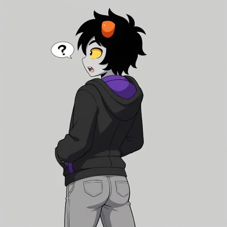 score_5, score_4_up, 
BREAK,
1boy, gimzet, grey skin, yellow sclera, black hair, horns, colored skin, open mouth, yellow eyes, hood, jacket, hoodie, pants, solo, male focus, simple background, colored sclera, grey pants, confused, looking back, black eyes, hands in hoodie pockets, back view, ass, purple,
BREAK,
three quarter view, 
BREAK,
shading,