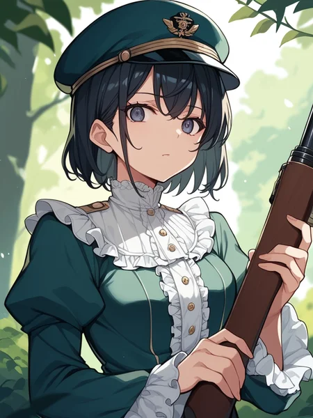 score_9,score_8,score_7,source_anime,rating_safe,<lora:Too_many_frills_pony:1>,too_many_frills,1girl,upper body,military uniform with hat,in forest,holding rifle,short black hair,pants,