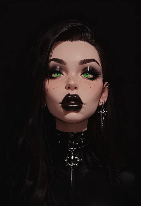 score_9, score_8_up, score_7_up, score_6_up, score_5_up, score_4_up, goth girl, gothic,  egirlmake up, choker, (beautiful face, cute face, 18 years old) Expressiveh, ASCII 1 girl, brown hair, green eyes, black latex outfit, medium breasts, upper body, photoshoot, 4k, big lips, choker, heavy make up, black lipstip, eyeliner, long hair, freckles