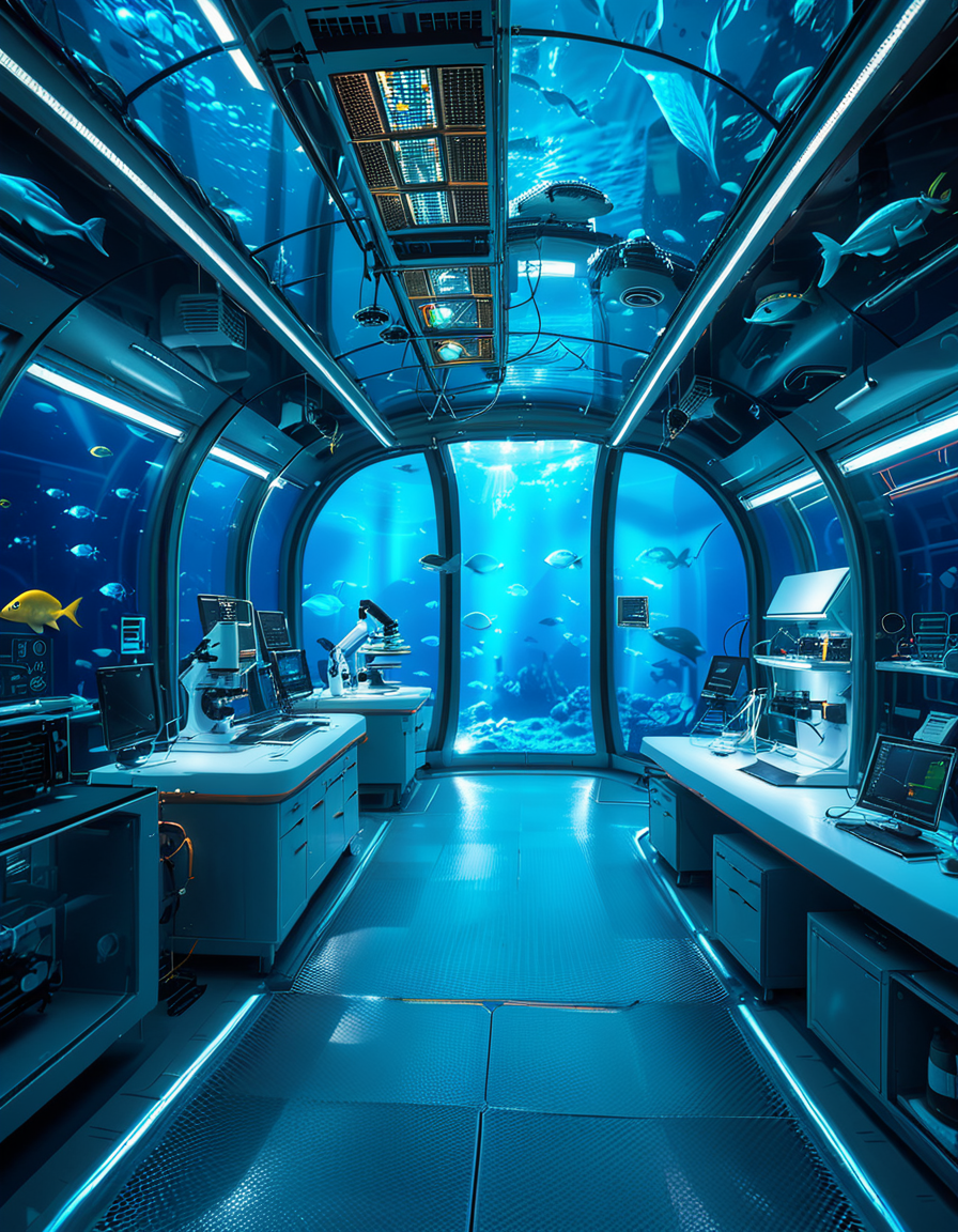 A futuristic underwater research laboratory,underwater research l4b0r4t0ry, located deep beneath the ocean's surface, surrounded by vibrant marine life and illuminated by soft, bioluminescent lighting. The laboratory features large, reinforced glass domes offering a panoramic view of the surrounding blue abyss, with schools of colorful fish and rays of sunlight filtering through the water above. Inside, advanced scientific equipment, glowing computer screens, and researchers in modern wetsuits or lab coats are visible, conducting experiments. The structure is sleek and metallic, with curved, aerodynamic designs to withstand water pressure. Coral reefs and marine plants grow nearby, adding natural beauty. The lighting is a mix of cool, bluish tones, with faint yellow lights from the laboratory windows creating a contrast. The atmosphere is calm yet futuristic, with a focus on scientific exploration and harmony with the marine environment.
<lora:SDXLFaeTastic2400:0.4> <lora:extremely_detailed:0.4> extremely detailed, <lora:underwater_research_l4b0r4t0ry:1>