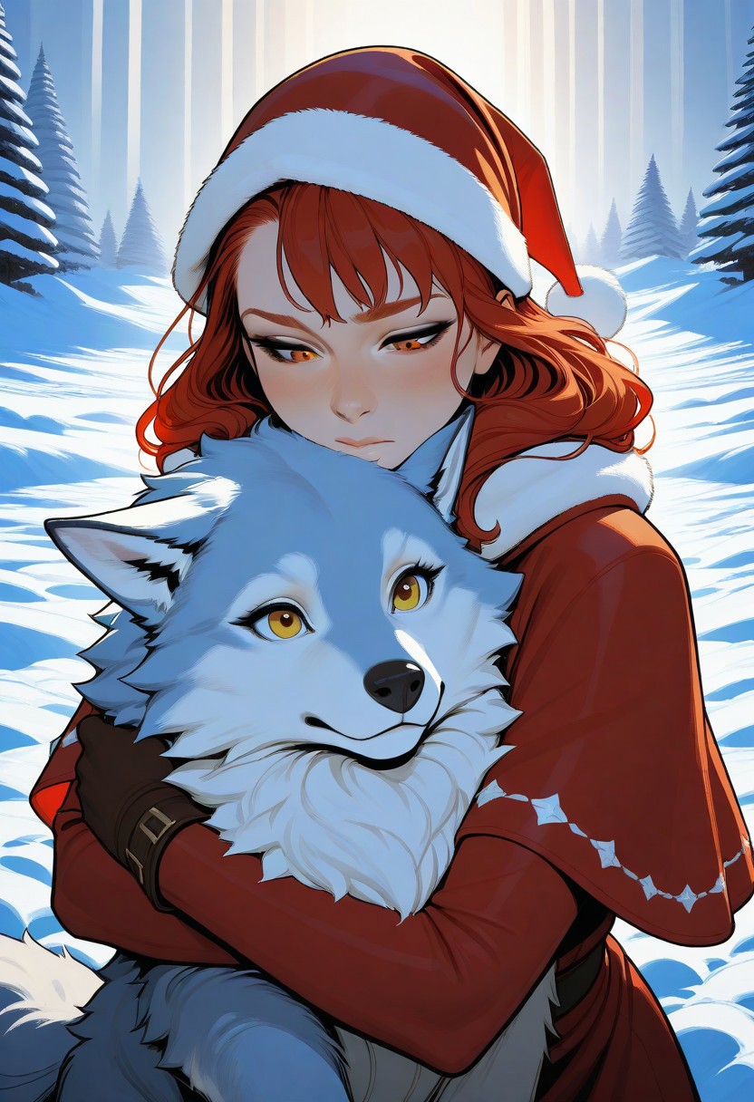 artist;incase, flat colors, high detailed, high quality, masterpiece, 1 girl, hugging pet snow wolf, heroic fantasy, snow field, portrait, cute,
animal christmas, dynamic lighting,