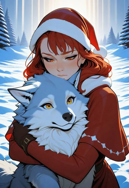 artist;incase, flat colors, high detailed, high quality, masterpiece, 1 girl, hugging pet snow wolf, heroic fantasy, snow field, portrait, cute,
animal christmas, dynamic lighting,