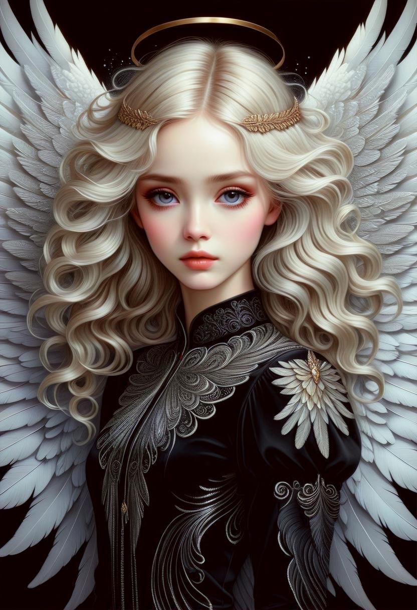 hyper detailed beautiful angel, coherent delicate face, wavy luxurious hair, intricate feathery wings, on black velvet canvas, centered composition, rule of thirds, drop shadowed, art by gorjuss, tim burton, margaret keane, charlie bowater, tom wood, keith garvey