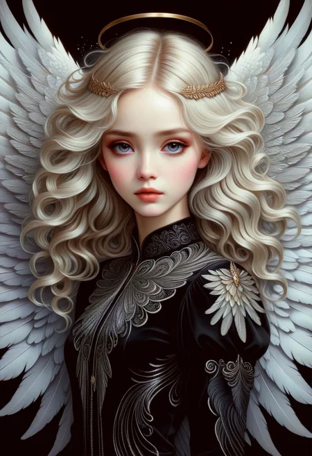 hyper detailed beautiful angel, coherent delicate face, wavy luxurious hair, intricate feathery wings, on black velvet canvas, centered composition, rule of thirds, drop shadowed, art by gorjuss, tim burton, margaret keane, charlie bowater, tom wood, keith garvey