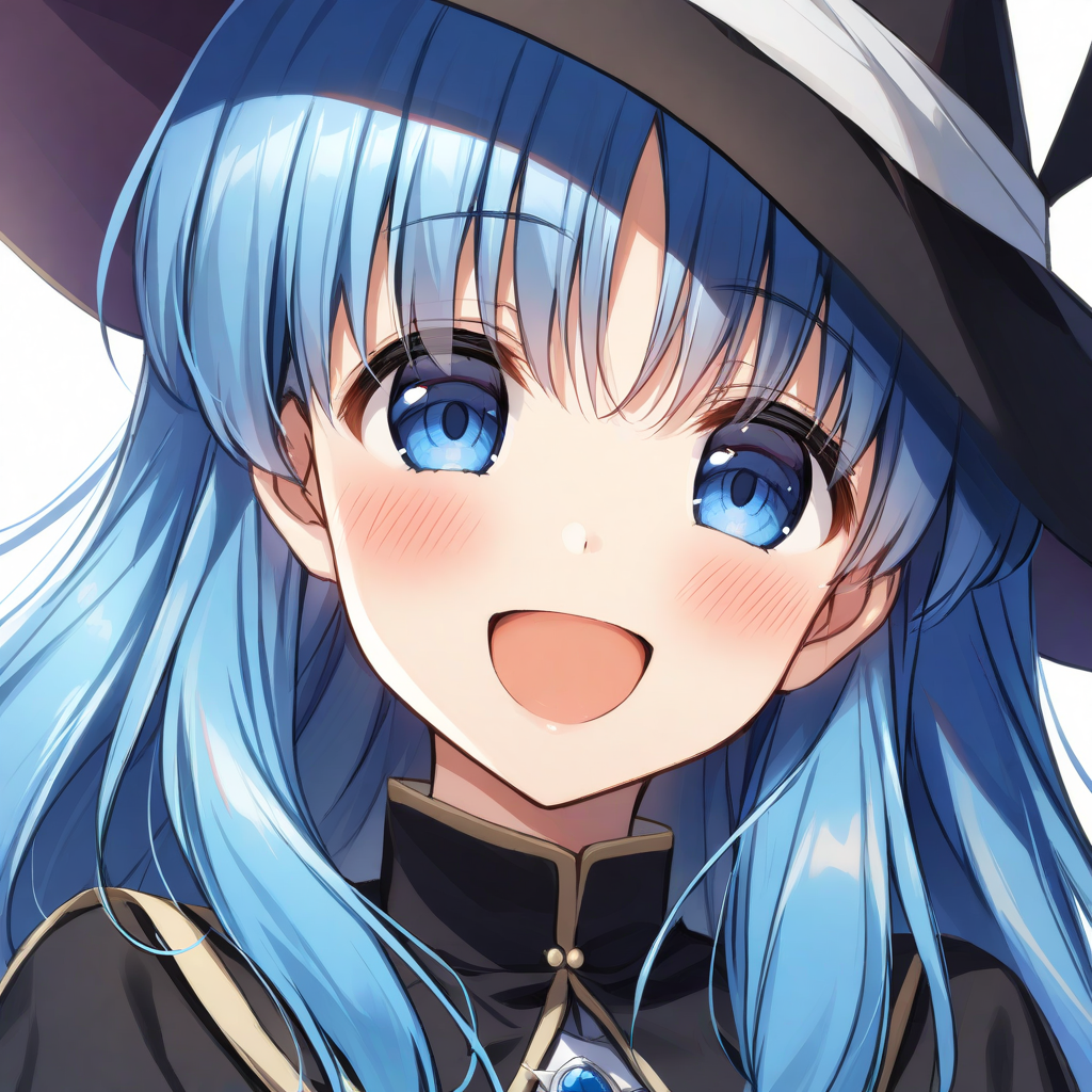 chtholly(sukasuka), 1girl, solo, blue hair, blue eyes, witch hat, hat, long hair, smile, bangs, blush, white background, open mouth, looking at viewer, :d, black headwear, upper body <lora:XL-Chtholly:1>