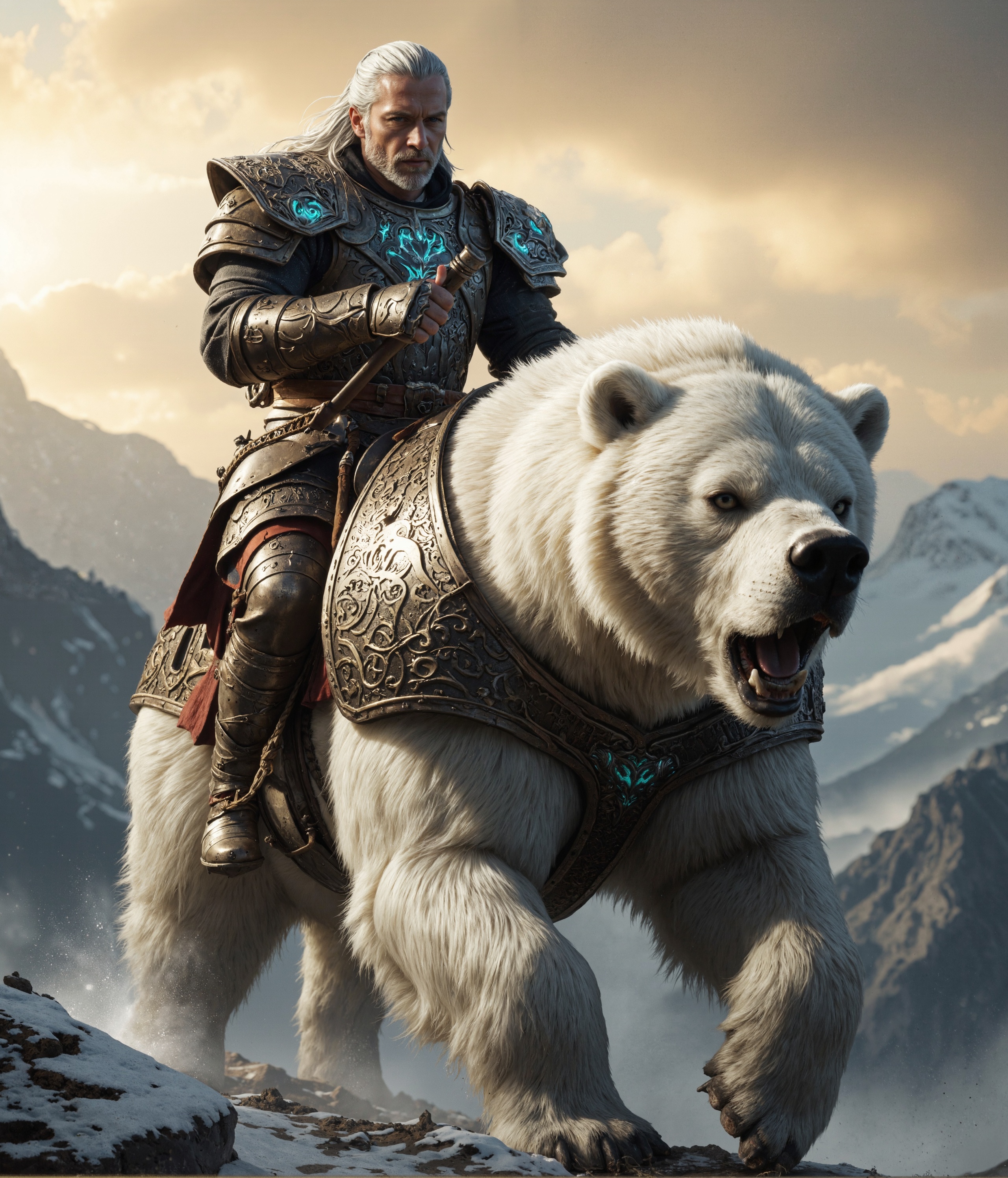 A majestic warrior , riding a massive armored white bear. The warrior has silver hair, a sharp gaze, and a battle-hardened expression. His ornate armor glows with blue magical runes, and the bear's armored plating is intricately decorated with ancient patterns. The background is a snowy fantasy landscape with soft golden sunlight filtering through the mist. Highly detailed, epic fantasy illustration, ultra-detailed,