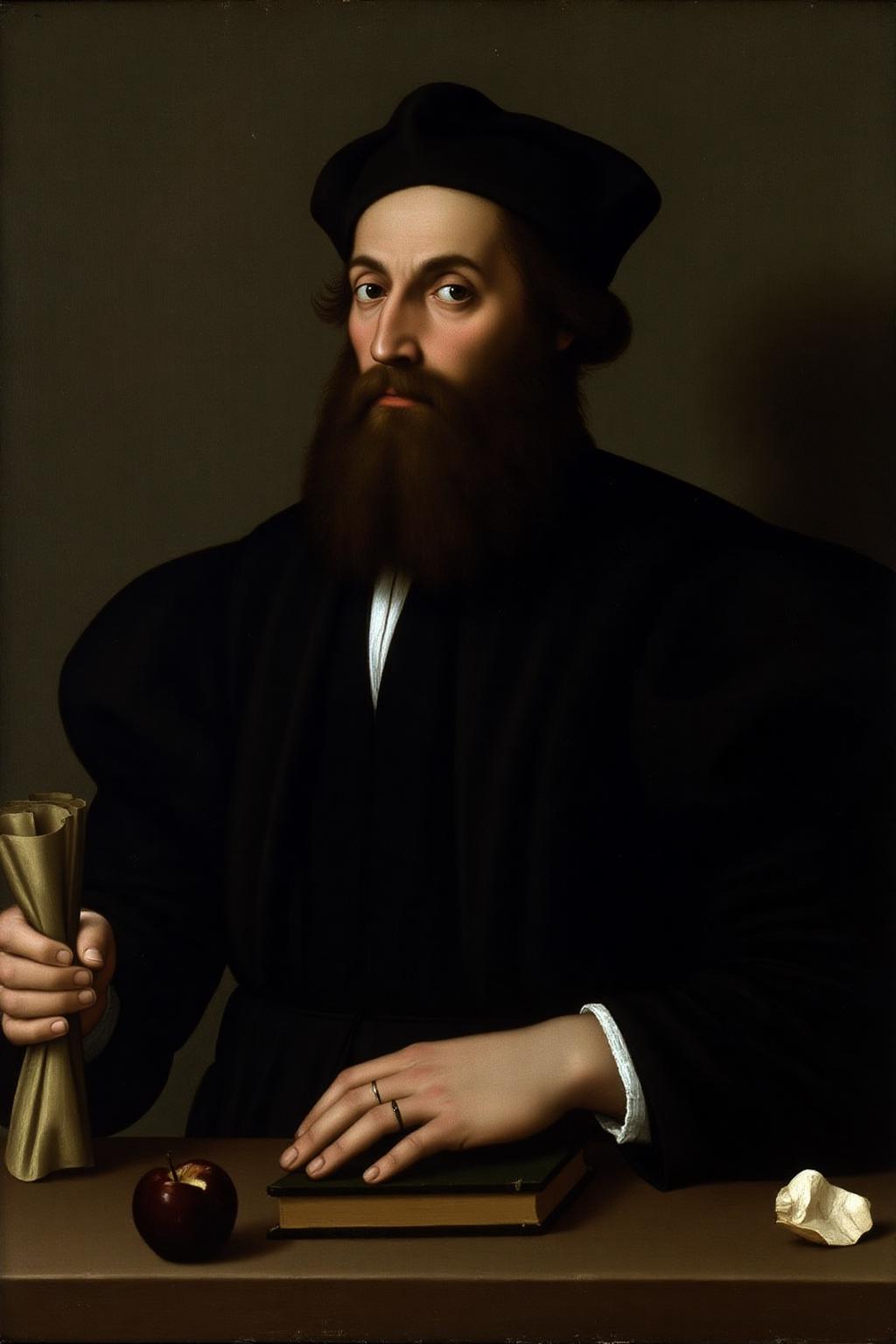 raphael1 painting.
A bearded man dressed in a dark garment with puffed shoulders. He is holding a rolled parchment in his left hand, and his right hand is resting on top of a book on a table. On the table, there is a small apple and a small piece of paper. <lora:raphael1_cap_d6a3:1.0><lora:843601585184696432:0>